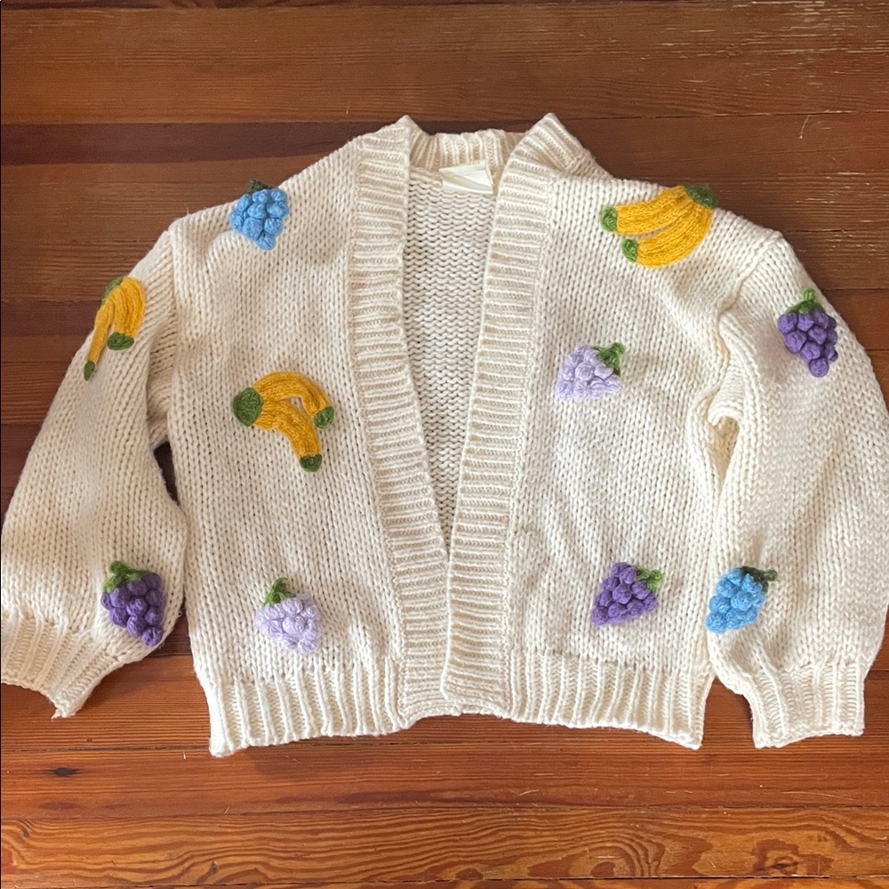 Maeve Cream Open Cardigan with Yellow Banana and Purple/Blue Fruit Appliqués